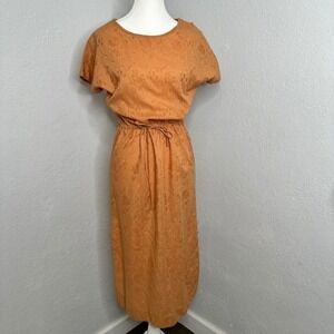 Vintage 70s Jacquard Midi Boho Terracotta Floral Dolman Sleeve Button Shoulder M